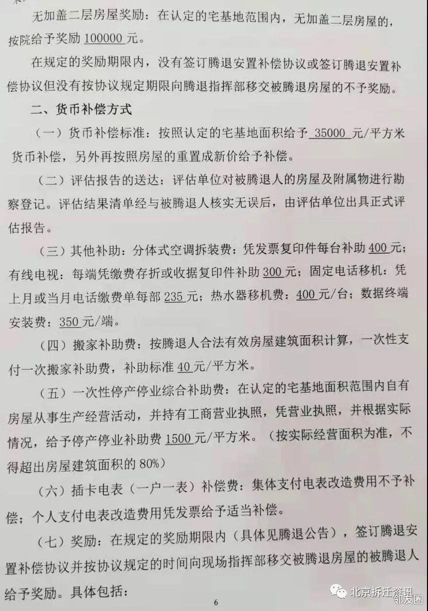 安置方式共有兩種,一是貨幣補償單價為35000元/㎡,二是宅基地置換1:1