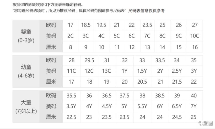 耐克毛毛虫尺码表中国图片